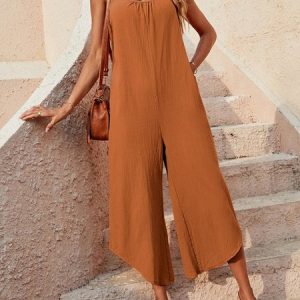 Women Sleeveless Spaghetti Loose Ankle Pants Daily Casual Plain Natural Jumpsuit, Jumpsuits&Rompers, color:Orange|size:XL, Noracora