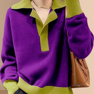 Long Sleeve Color Block Urban Shirt Collar Sweater, Pullovers, color:Purple|size:XXL, Stylewe