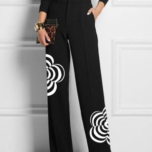 Urban Regular Fit Floral Fashion Pants, Pants, color:Black|size:XXL, Stylewe