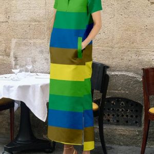 Striped Stand Collar Urban Short Sleeve Maxi Dress, Maxi Dresses, color:Green|size:XXL, Stylewe