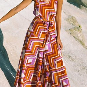 Women Sleeveless V Neck Loose Ankle Pants Daily Casual Geometric Natural Jumpsuit, Jumpsuits&Rompers, color:Orange|size:XXL, Noracora