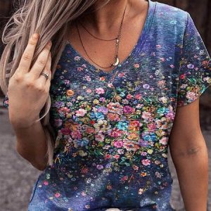Floral V Neck Floral-Print Women Casual Shirt & Top, T-shirts, Lilicloth.com
