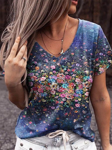 Floral V Neck Floral-Print Women Casual Shirt & Top, T-shirts, Lilicloth.com