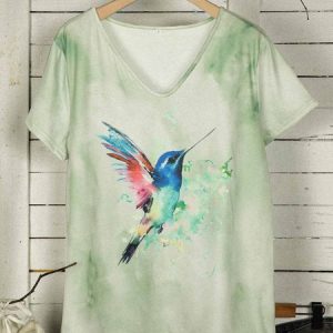 Bird Print V Neck Cotton-Blend Short Sleeve T-Shirts, T-shirts, color:Green|size:3XL, Noracora
