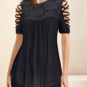 Women's Casual Plain Crew Neck Short Sleeve Lace T-shirt, T-shirts, color:Black|size:XXL, Noracora