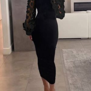 Elegant Plain 3D Floral Sheer Mesh Patch  Regular Fit  Dress, Midi Dresses, color:Black|size:XXL, Stylewe