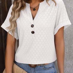 Notched Short Sleeve Plain Buckle Regular Micro-Elasticity Loose Shirt For Women, Blouses, color:White|size:XXL, Noracora