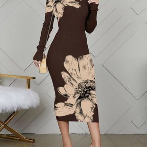 Plus Size Tight Elegant Floral Stand Collar Dress, Plus Dresses, color:Brown|size:4X, Stylewe