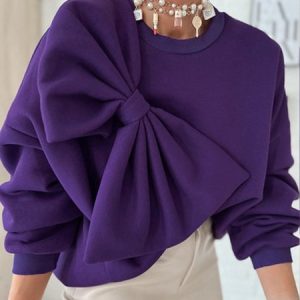 Plus Size Daily Casual Bow Plain Loose Sweatshirt, Plus Tops, color:Purple|size:4X, Stylewe