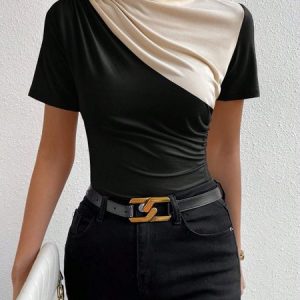 Casual Color Block Ruched Daily Short Sleeve T-Shirt, Tees, color:Black|size:XXL, Stylewe