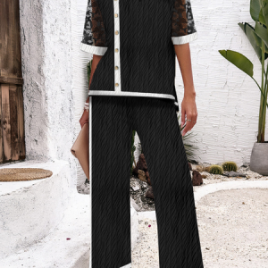 Women Black And White Colorblock Asymmetrical Short Sleeve Comfy Casual Top With Pants Two-Piece Set, Sets, color:Black|size:XXL, Noracora