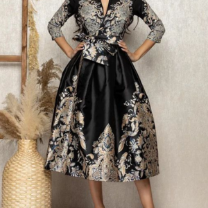 High-end Custom Printed Waist Dress, Midi Dresses, color:Black|size:XXL, Stylewe