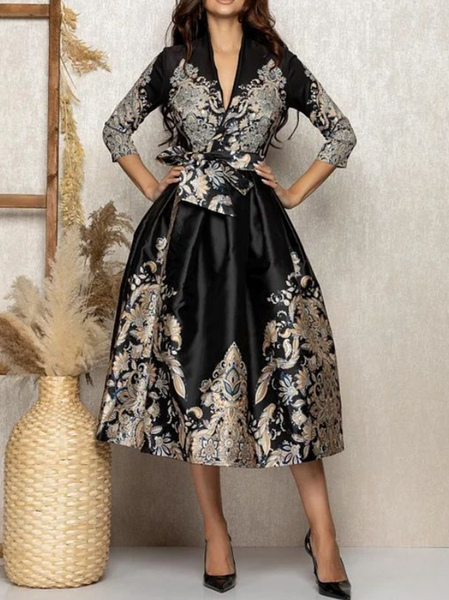 High-end Custom Printed Waist Dress, Midi Dresses, color:Black|size:XXL, Stylewe