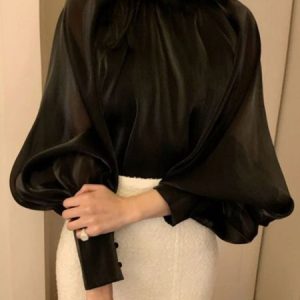 High Neck Loosen Plain Long Sleeve Elegant Top, Blouses and Shirts, color:Black|size:XXL, Stylewe