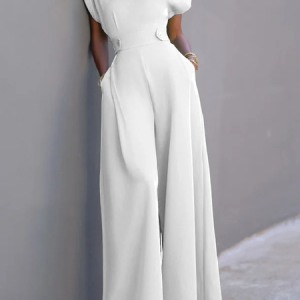 Notched Knitted Urban Jumpsuit, Jumpsuits&Rompers, color:White|size:XXL, Noracora