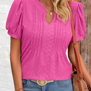 Notched Short Sleeve Plain Regular Micro-Elasticity Loose Shirt For Women, Blouses, color:Rose Red|size:XXL, Noracora