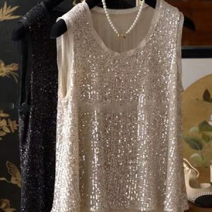 Casual Crew Neck Plain Tank Top Glitter, Tanks & Camis, color:Khaki|size:XXL, catalog Noracora shop
