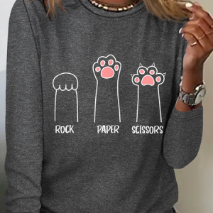 Rock Paper Scissors Hand Game Cute Paw Funny Cat Cotton-Blend Regular Fit Crew Neck Simple Long Sleeve Shirt, Long sleeves, Lilicloth.com