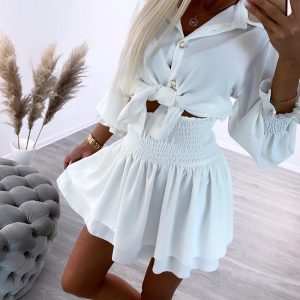 Knotted Shirred Button Top & Layered Skirt Set, Two-piece Sets, chicme - Women's Fashion Online