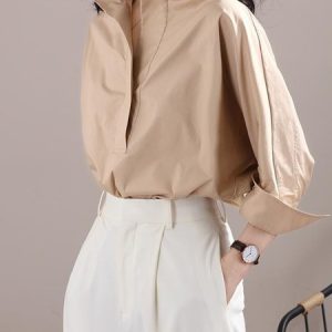 Urban Plain Stand Collar Blouse, Blouses and Shirts, color:Khaki|size:XXL, Stylewe