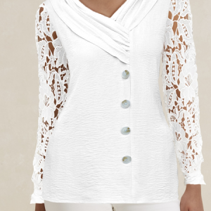 Asymmetrical Long Sleeve Plain Lace Regular Loose Blouse For Women, Blouses, color:White|size:XXL, Noracora