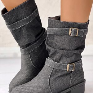 Buckled Chunky Heel Ankle Boots, Boots, chicme - Women's Fashion Online