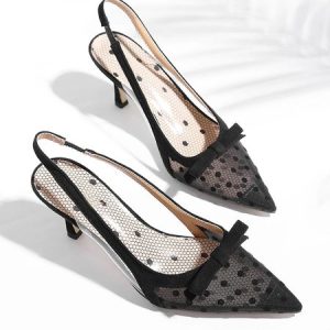 Elegant Polka Dots Bowknot PVC Paneled Slingback Pumps, Heels, color:Black|size:40, Stylewe
