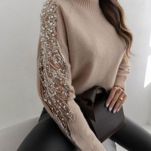Contrast Sequin Beaded Sheer Mesh Patch Knit Sweater, Sweaters & Cardigans, chicme - Women's Fashion Online
