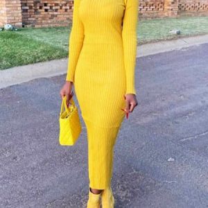 Urban Plain Turtleneck Long Sleeve Sweater Dress, Midi Dresses, color:Yellow|size:XXL, Stylewe
