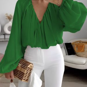 V Neck Elegant Loosen Long Sleeve Plain Blouse, Blouses and Shirts, color:Green|size:XS, Stylewe