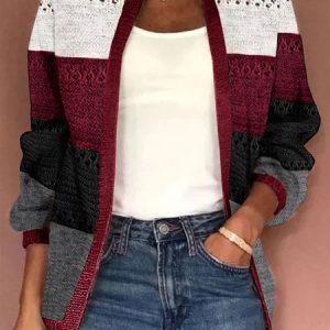 Women Knitted Color Block Long Sleeve Comfy Casual Jacquard Cardigan, Cardigans, color:Wine Red|size:XXL, Noracora