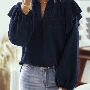 V Neck Long Sleeve Plain Lace Regular Loose Shirt For Women, Blouses, color:Navyblue|size:XL, Noracora