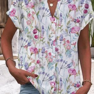 V Neck Short Sleeve Floral Regular Micro-Elasticity Regular Fit Shirt For Women, Blouses, color:White|size:XXL, Noracora