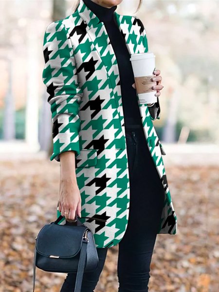 Houndstooth Print Regular Fit Urban Blazer, Blazers, color:Green|size:XXL, Stylewe