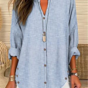 Shirt Collar Long Sleeve Striped Regular Loose Blouse For Women, Shirts, color:Blue|size:XXL, Noracora