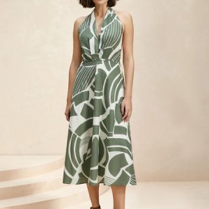 Women Geometric Halter Sleeveless Comfy Casual Short Dress, Dresses, color:Green|size:XXL, Noracora