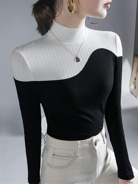 Urban Long Sleeve Color Block Stand Collar T-Shirt, Tees, color:Black|size:XXL, Stylewe