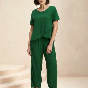 Women Plain Crew Neck Short Sleeve Comfy Casual Top With Pants Two-Piece Set, Sets, color:Green|size:XXL, Noracora