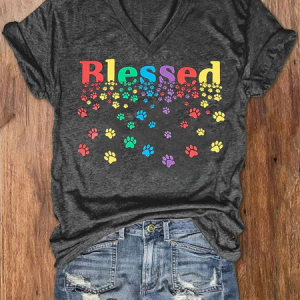 Women's Colorful Blessed Paws Dog Lover Casual Cotton-Blend Loose Dog Casual T-Shirt, T-shirts, Lilicloth.com