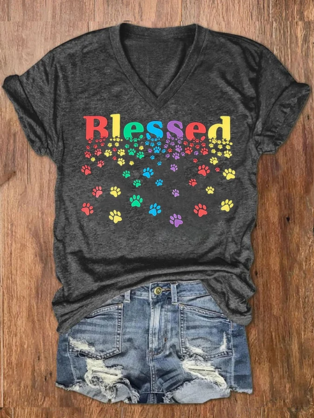 Women's Colorful Blessed Paws Dog Lover Casual Cotton-Blend Loose Dog Casual T-Shirt, T-shirts, Lilicloth.com