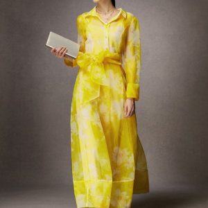 Floral Vacation Regular Fit Maxi Dress With Belt, Maxi Dresses, color:Yellow|size:XXL, Stylewe