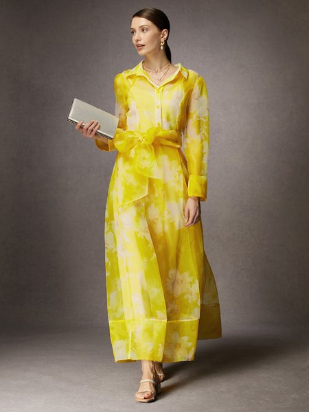 Floral Vacation Regular Fit Maxi Dress With Belt, Maxi Dresses, color:Yellow|size:XXL, Stylewe