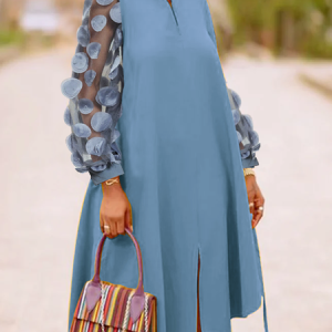 Plain Urban Stand Collar Long Sleeve Midi Dress, Midi Dresses, color:Blue|size:XXL, Stylewe