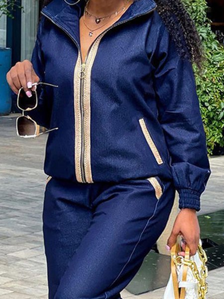 Casual Loose Plain Zipper Long Sleeve Jacket, Jackets, color:Blue|size:XXL, Stylewe