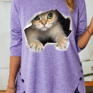Women's 3D Cat Funny Print Top, Long sleeves, Lilicloth.com