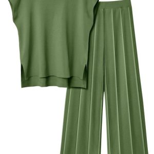 Women Plain Crew Neck Cap Sleeve Comfy Casual Top With Pants Two-Piece Set, Sets, color:Green|size:XL, Noracora