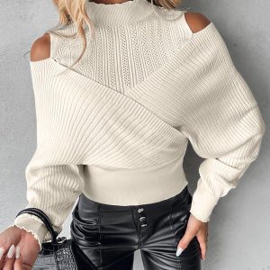 Cold Shoulder Overlap Hollow Out Knit Sweater, Sweaters & Cardigans, chicme - Women's Fashion Online