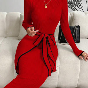 Color Block Tight Elegant Long Sleeve Sweater Midi Dress With Belt, Midi Dresses, color:Red|size:XXL, Stylewe