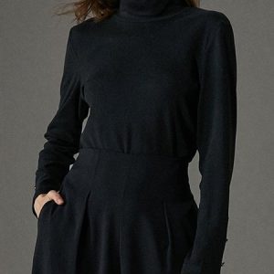 Simple Plain Turtleneck Long Sleeve T-Shirt, Tees, color:Black|size:XXL, Stylewe