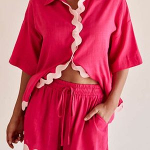 Women Color Block Shirt Collar Short Sleeve Comfy Casual Top With Pants Two-Piece Set, Sets, color:Rose Red|size:XL, Noracora